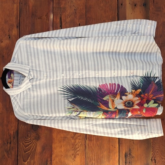 Tommy Bahama | Linen White Gray Striped Tropical Long Sleeve Button Down Size L - Picture 1 of 7